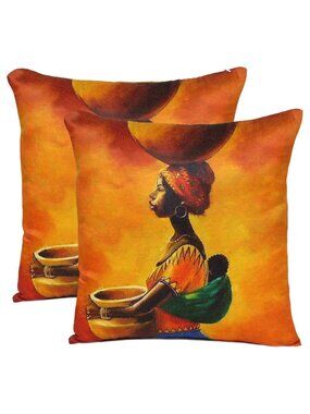 Oussum Yellow Lady Tribal Cotton Cushion Cover Square Pillow Case Set of 2